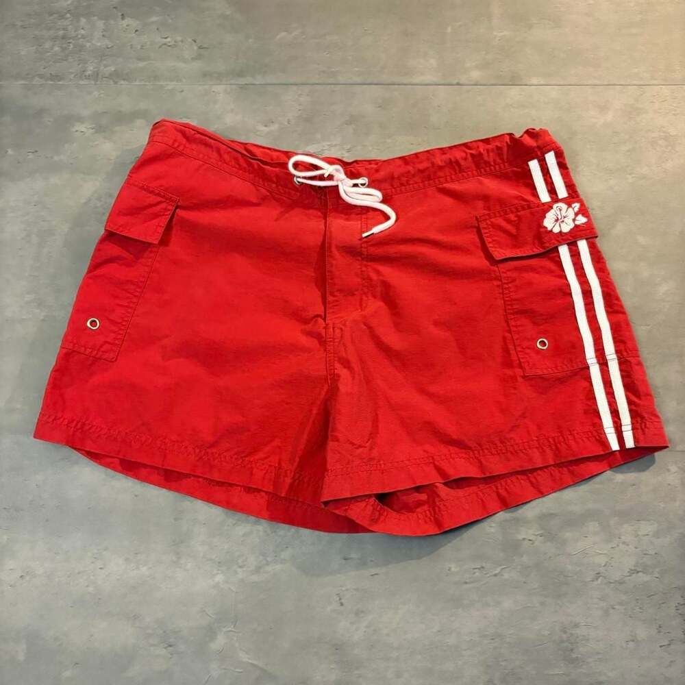 Xhilaration Swim Shorts Red White Stripe Hibiscus Floral Board Shorts Size L